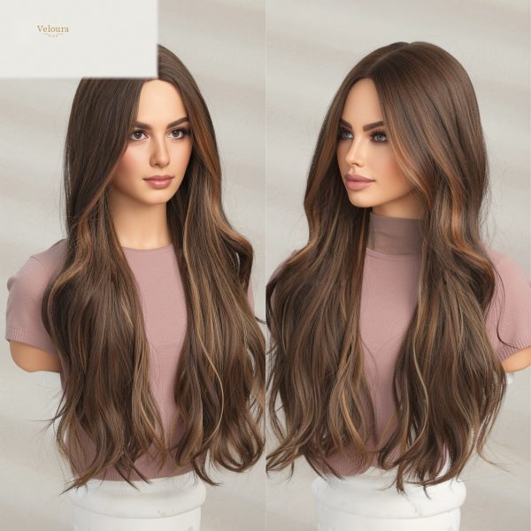 Synthetic Wig 24 Inch Medium Brown Wavy Wig – Caramel Highlight Synthetic Hair