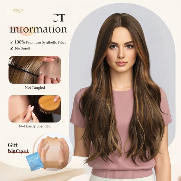 Synthetic Wig 24 Inch Medium Brown Wavy Wig – Caramel Highlight Synthetic Hair