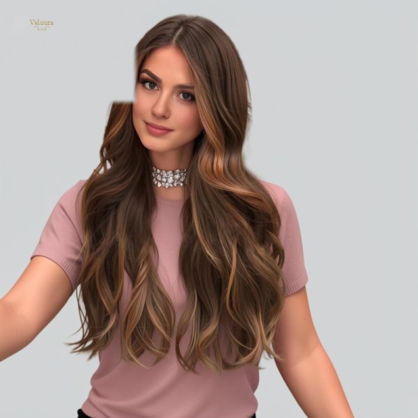 Synthetic Wig 24 Inch Medium Brown Wavy Wig – Caramel Highlight Synthetic Hair