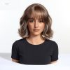 10 Inch Brown Wavy Bob Wig with Bangs – Caramel Highlight Synthetic Hair
