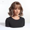 10 Inch Brown Wavy Bob Wig with Bangs – Caramel Highlight Synthetic Hair