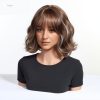 10 Inch Brown Wavy Bob Wig with Bangs – Caramel Highlight Synthetic Hair
