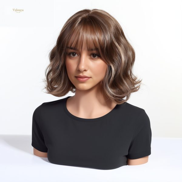 10 Inch Brown Wavy Bob Wig with Bangs – Caramel Highlight Synthetic Hair