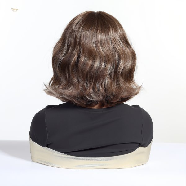 10 Inch Brown Wavy Bob Wig with Bangs – Caramel Highlight Synthetic Hair