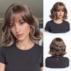 10 Inch Brown Wavy Bob Wig with Bangs – Caramel Highlight Synthetic Hair