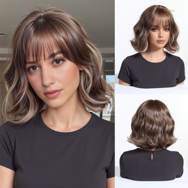 10 Inch Brown Wavy Bob Wig with Bangs – Caramel Highlight Synthetic Hair