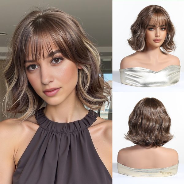 10 Inch Brown Wavy Bob Wig with Bangs – Caramel Highlight Synthetic Hair