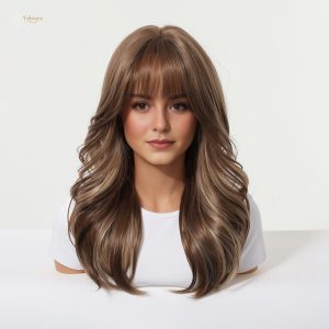 Synthetic Wig 20 Inch Chestnut Brown Balayage Wavy Wig with Bangs – Synthetic Hair