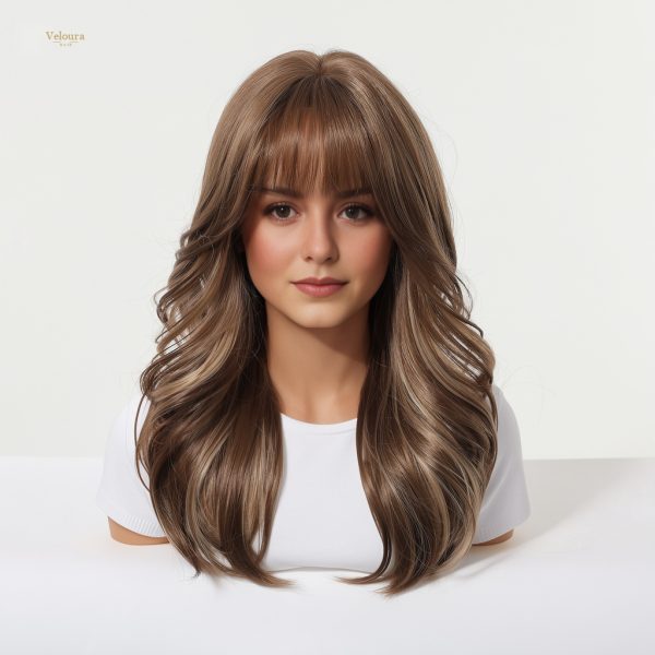 Synthetic Wig 20 Inch Chestnut Brown Balayage Wavy Wig with Bangs – Synthetic Hair