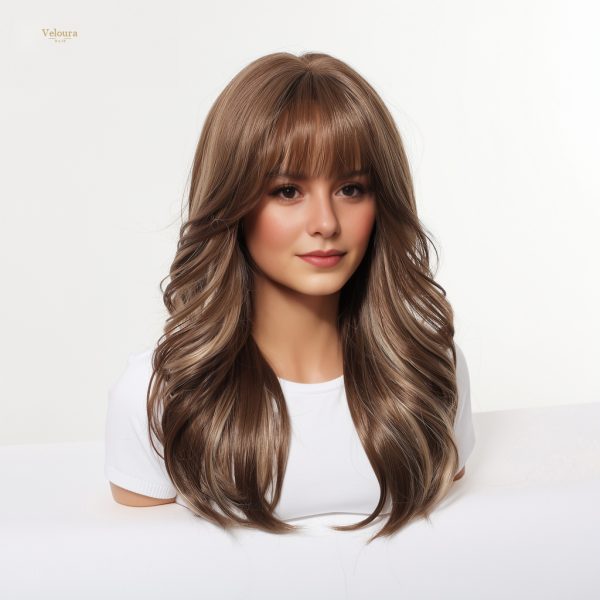 Synthetic Wig 20 Inch Chestnut Brown Balayage Wavy Wig with Bangs – Synthetic Hair