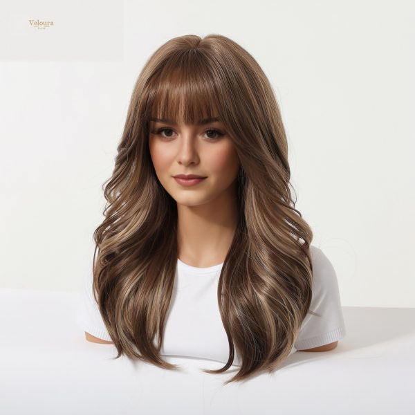 Synthetic Wig 20 Inch Chestnut Brown Balayage Wavy Wig with Bangs – Synthetic Hair