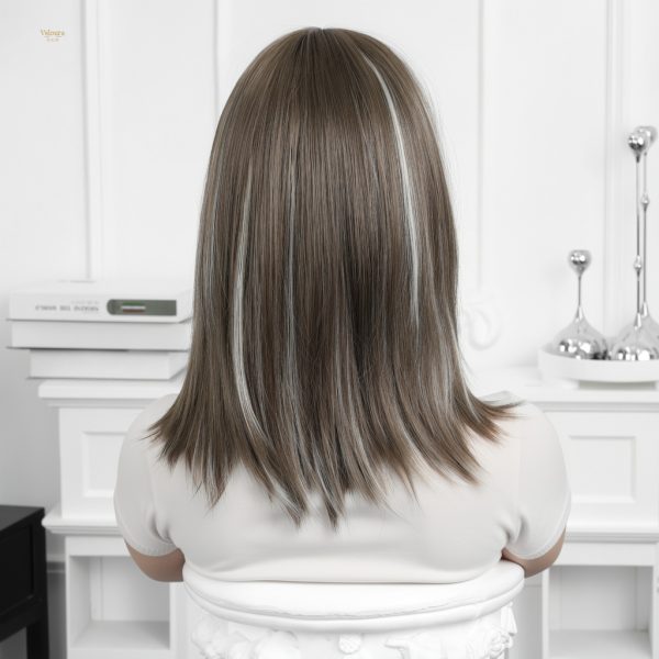 Synthetic Wig 16 Inch Brown Bob Wig with Bangs – Silver Balayage Synthetic Hair