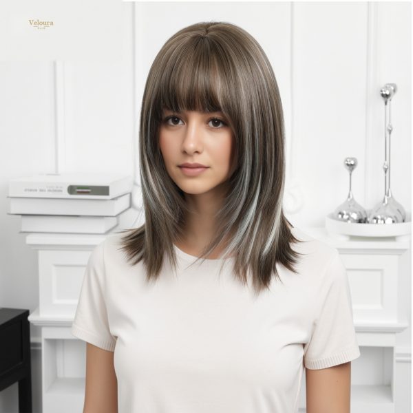 Synthetic Wig 16 Inch Brown Bob Wig with Bangs – Silver Balayage Synthetic Hair