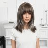 Synthetic Wig 16 Inch Brown Bob Wig with Bangs – Silver Balayage Synthetic Hair