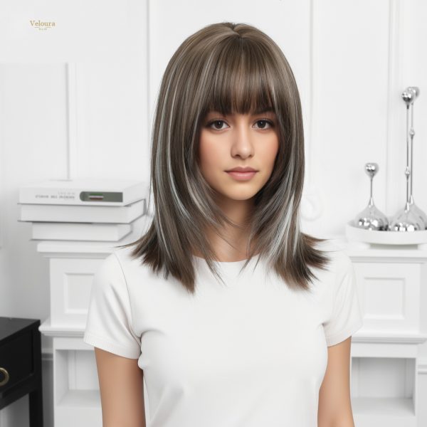 Synthetic Wig 16 Inch Brown Bob Wig with Bangs – Silver Balayage Synthetic Hair