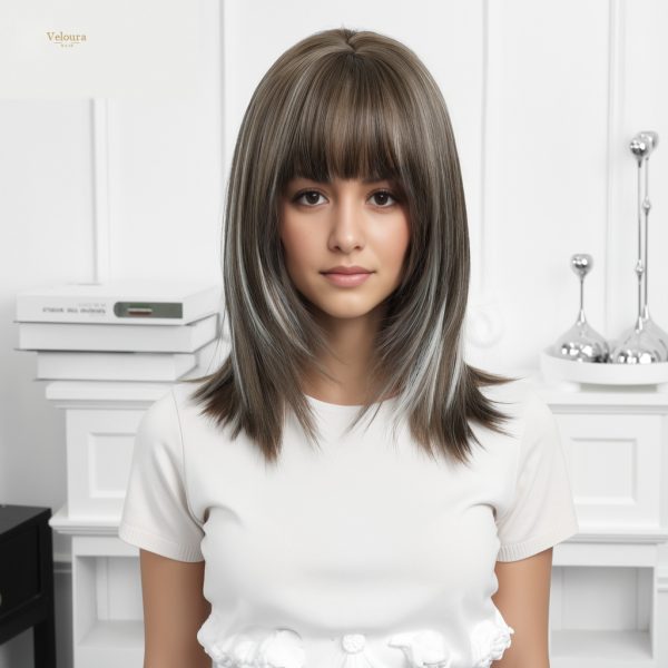 Synthetic Wig 16 Inch Brown Bob Wig with Bangs – Silver Balayage Synthetic Hair