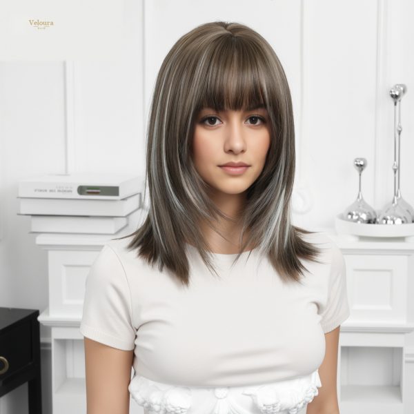 Synthetic Wig 16 Inch Brown Bob Wig with Bangs – Silver Balayage Synthetic Hair