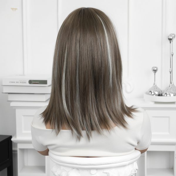 Synthetic Wig 16 Inch Brown Bob Wig with Bangs – Silver Balayage Synthetic Hair
