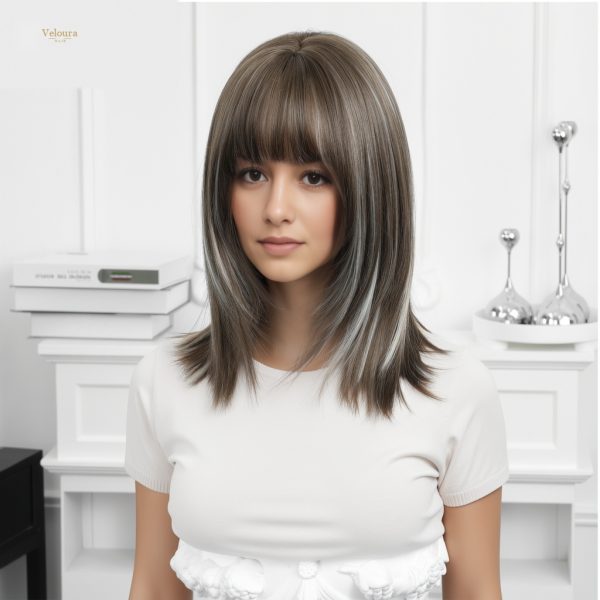 Synthetic Wig 16 Inch Brown Bob Wig with Bangs – Silver Balayage Synthetic Hair