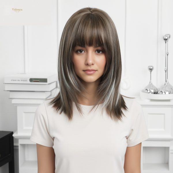Synthetic Wig 16 Inch Brown Bob Wig with Bangs – Silver Balayage Synthetic Hair