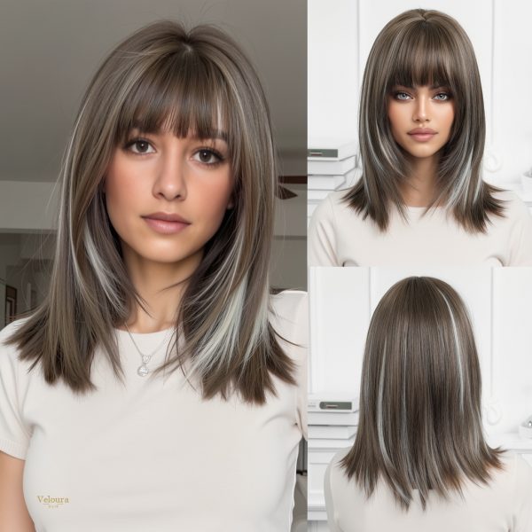 Synthetic Wig 16 Inch Brown Bob Wig with Bangs – Silver Balayage Synthetic Hair