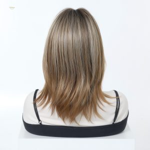 Synthetic Wig 16 Inch Brown to Blonde Balayage Lob Wig with Bangs – Synthetic Hair