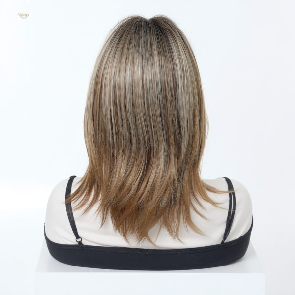 Synthetic Wig 16 Inch Brown to Blonde Balayage Lob Wig with Bangs – Synthetic Hair