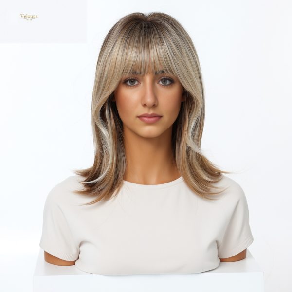 Synthetic Wig 16 Inch Brown to Blonde Balayage Lob Wig with Bangs – Synthetic Hair