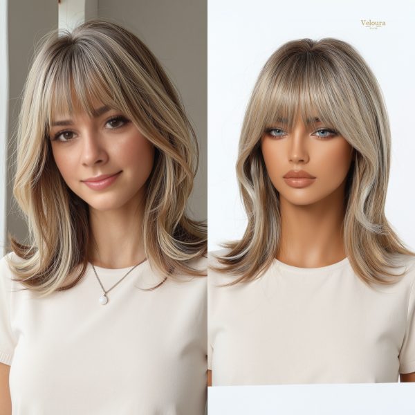 Synthetic Wig 16 Inch Brown to Blonde Balayage Lob Wig with Bangs – Synthetic Hair