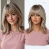 Synthetic Wig 16 Inch Brown to Blonde Balayage Lob Wig with Bangs – Synthetic Hair