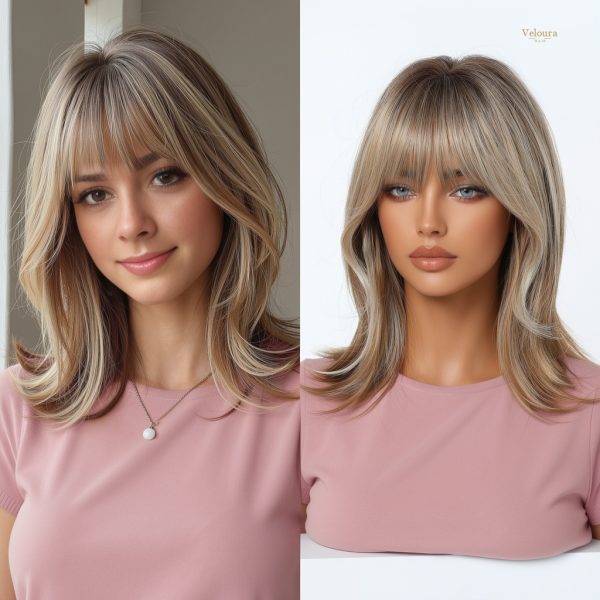 Synthetic Wig 16 Inch Brown to Blonde Balayage Lob Wig with Bangs – Synthetic Hair
