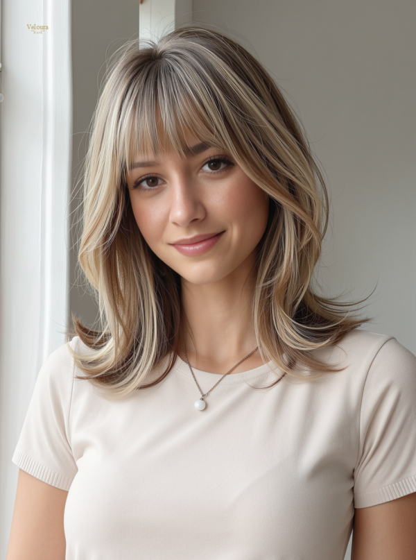 Synthetic Wig 16 Inch Brown to Blonde Balayage Lob Wig with Bangs – Synthetic Hair