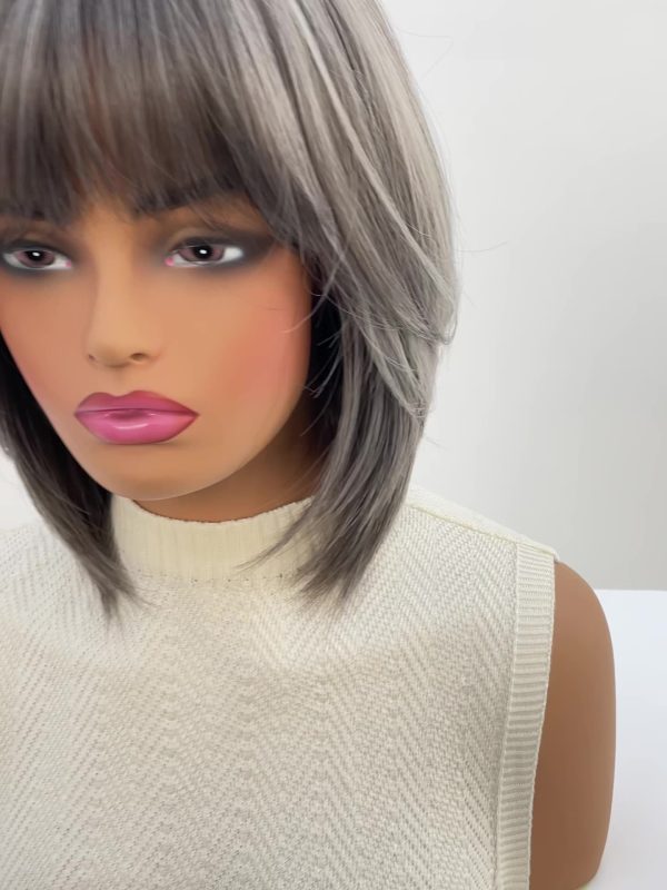 12 Inch Silver Grey Bob Wig with Bangs - Layered Shoulder-Length Synthetic Hair 12 Inch Silver Grey Bob Wig with Bangs – Layered Shoulder-Length Synthetic Hair