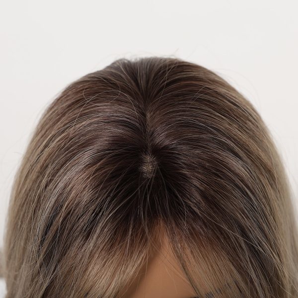 Brown Blonde Balayage Long Wavy Wig with Bangs – Rooted Synthetic Hair