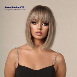 Warm Brown Short Bob Wig with Bangs – Straight Clean-Cut Synthetic Hair