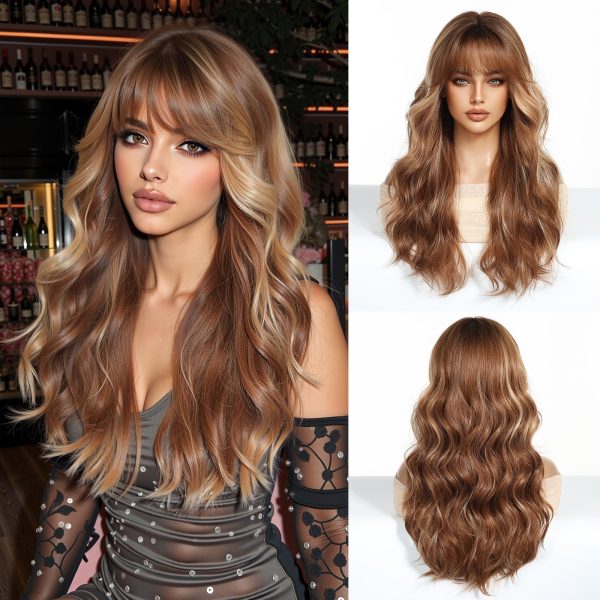 Warm Brown Caramel Balayage Body Wave Wig with Bangs – Honey Blonde Highlights 24 Inch Warm Brown Caramel Balayage Body Wave Wig with Bangs – Honey Blonde Highlights 24 Inch