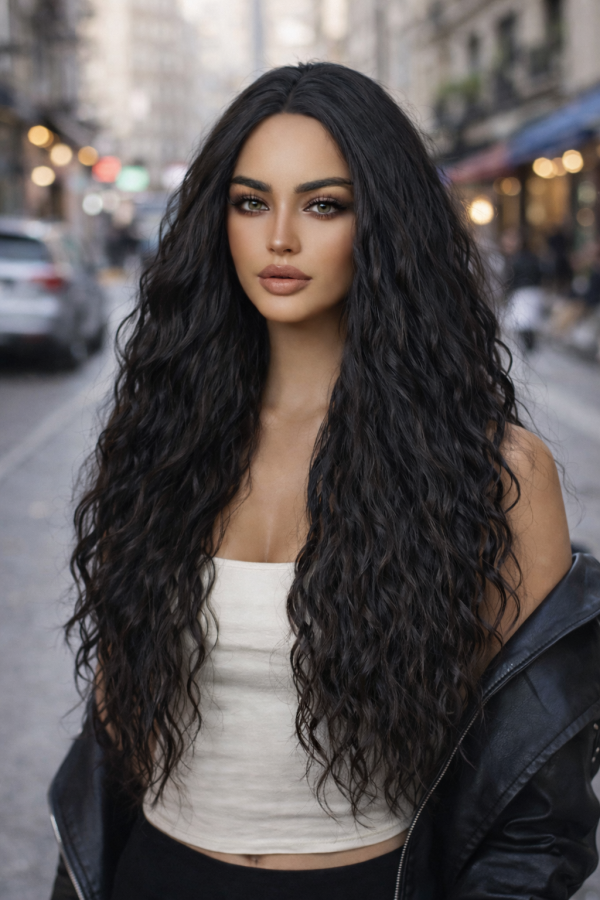 28 Inch Jet Black Extra-Long Deep Wave Wig – No Bangs Synthetic Hair