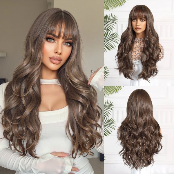 26 Inch Chestnut Brown Long Wavy Wig with Bangs – Warm Body Wave Synthetic Hair
