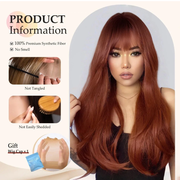 Caramel Brown Long Body Wave Wig with Bangs – Warm Toffee Synthetic Hair Caramel Brown Long Body Wave Wig with Bangs – Warm Toffee Synthetic Hair