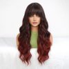 26 Inch Warm Brown Caramel Balayage Deep Wave Wig with Bangs – Synthetic Hair