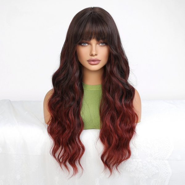 26 Inch Warm Brown Caramel Balayage Deep Wave Wig with Bangs – Synthetic Hair
