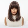 Dark Brown Short Bob Wig with Bangs – Warm Ash Brown Straight Synthetic Hair 14 Inch