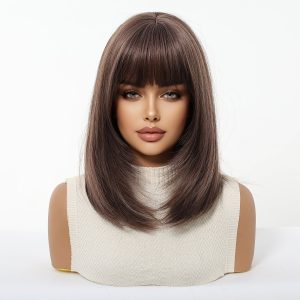 Dark Brown Short Bob Wig with Bangs – Warm Ash Brown Straight Synthetic Hair 14 Inch Dark Brown Short Bob Wig with Bangs – Warm Ash Brown Straight Synthetic Hair 14 Inch
