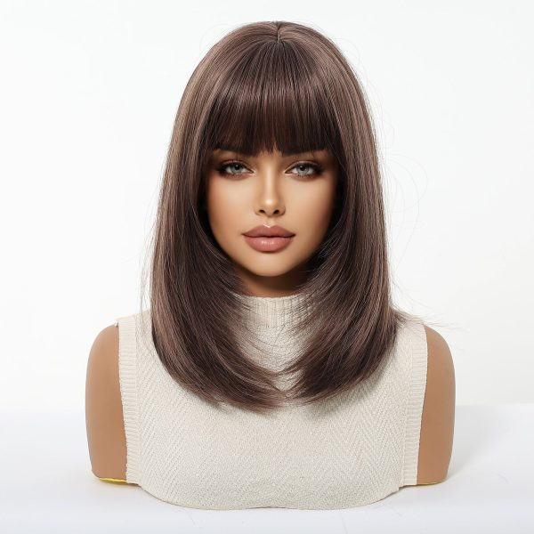 Dark Brown Short Bob Wig with Bangs – Warm Ash Brown Straight Synthetic Hair 14 Inch