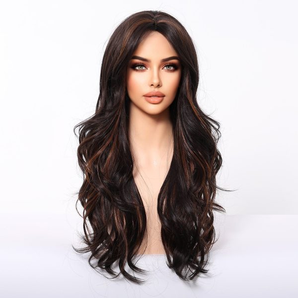 24 Inch Dark Brown Deep Wave Wig with Bangs – Chestnut Synthetic Hair