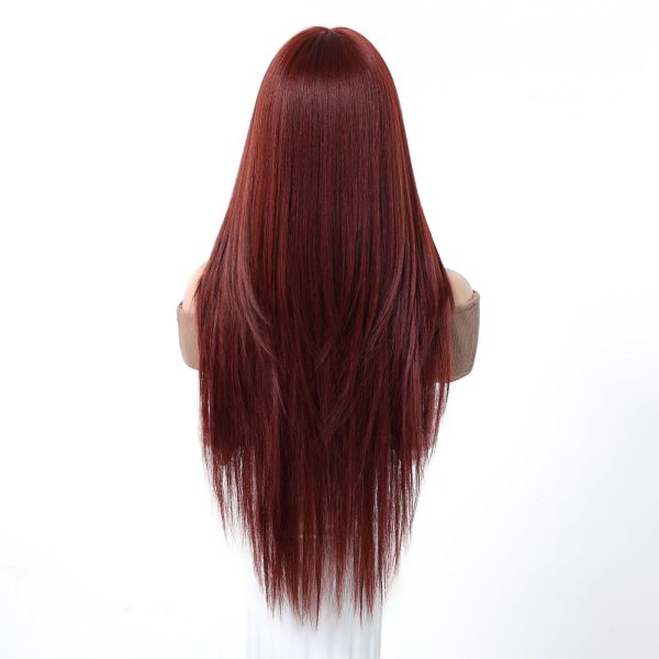 28 Inch Burgundy Straight Wig with Bangs – Wine Red Synthetic Hair