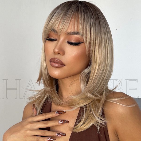Honey Blonde Balayage Short Bob Wig – Dark Rooted Warm Blonde Synthetic Hair Honey Blonde Balayage Short Bob Wig – Dark Rooted Warm Blonde Synthetic Hair