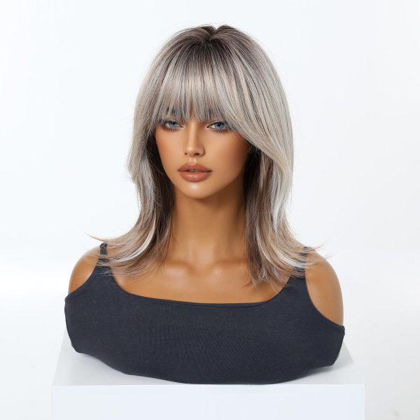 16 Inch Ash Blonde Rooted Bob Wig with Bangs - Silver Synthetic Hair 16 Inch Ash Blonde Rooted Bob Wig with Bangs – Silver Synthetic Hair