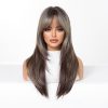 Brown Long Straight Wig with Blonde Highlights & Bangs – Warm Highlighted Synthetic Hair Brown Long Straight Wig with Blonde Highlights & Bangs – Warm Highlighted Synthetic Hair