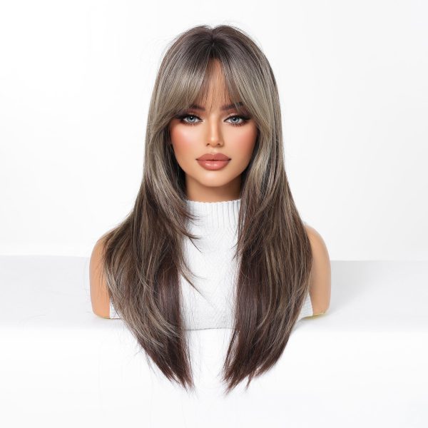 Brown Long Straight Wig with Blonde Highlights & Bangs – Warm Highlighted Synthetic Hair Brown Long Straight Wig with Blonde Highlights & Bangs – Warm Highlighted Synthetic Hair